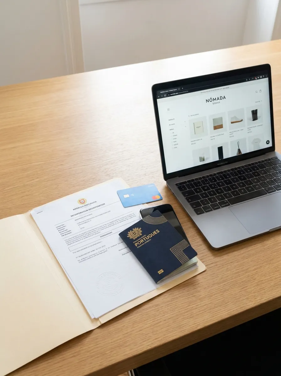 Escritorio con portátil mostrando una tienda en línea, pasaporte y documentos de constitución